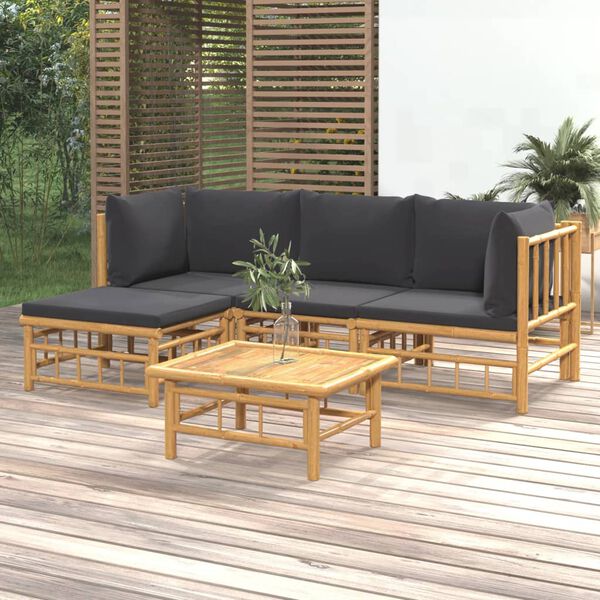 vidaXL Salon de jardin 5 pcs avec coussins gris fonc&eacute; bambou