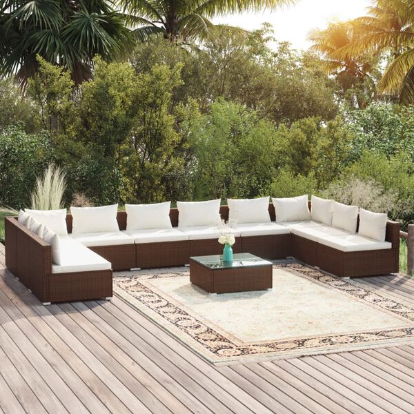 vidaXL Salon de jardin 11 pcs avec coussins R&eacute;sine tress&eacute;e Marron