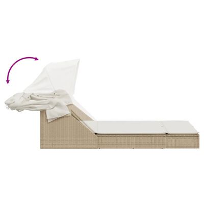 vidaXL Chaise longue double avec auvent et coussins beige poly rotin