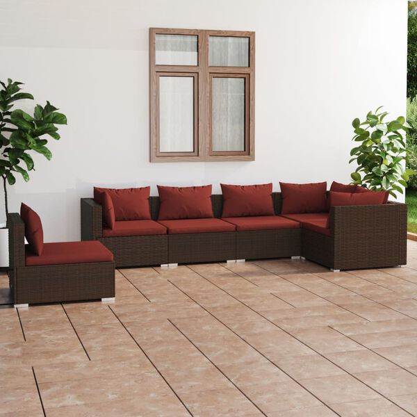 vidaXL Salon de jardin 6 pcs avec coussins R&eacute;sine tress&eacute;e Marron