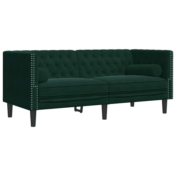vidaXL Canapé Chesterfield avec traversins 2 places vert foncé velours