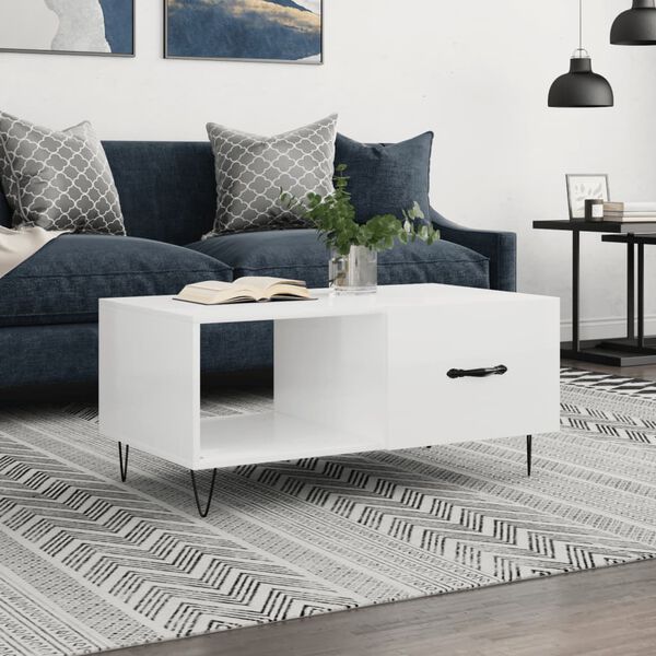 vidaXL Table basse Blanc brillant 90x50x40 cm Bois d'ing&eacute;nierie