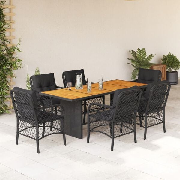 vidaXL Ensemble &agrave; manger de jardin coussins 7pcs Noir R&eacute;sine tress&eacute;e