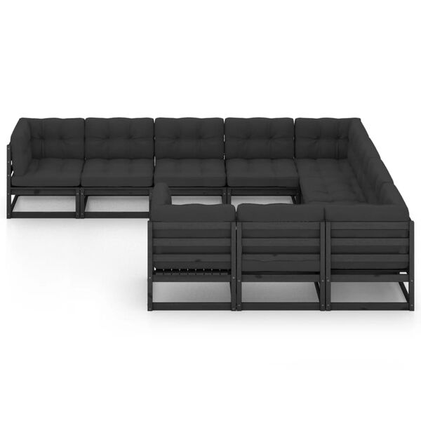 vidaXL Salon de jardin 10 pcs avec coussins Noir Bois de pin massif