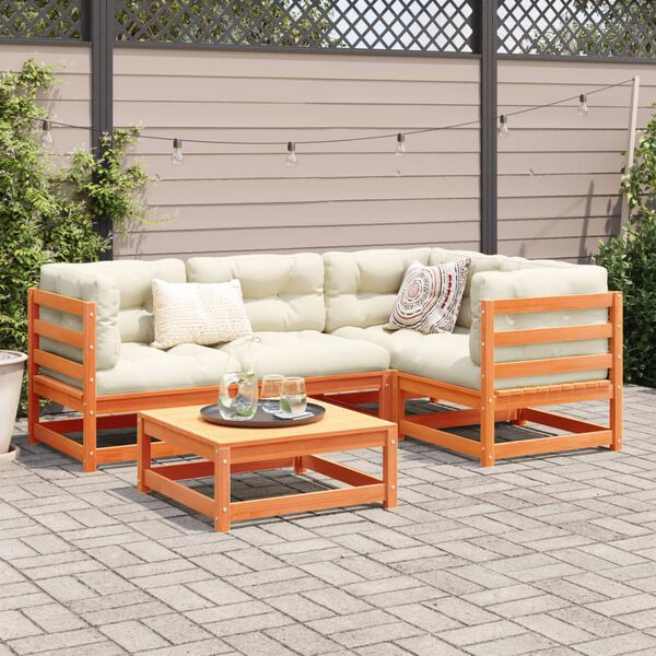 vidaXL Salon de jardin 5 pcs avec coussins cire marron bois pin massif