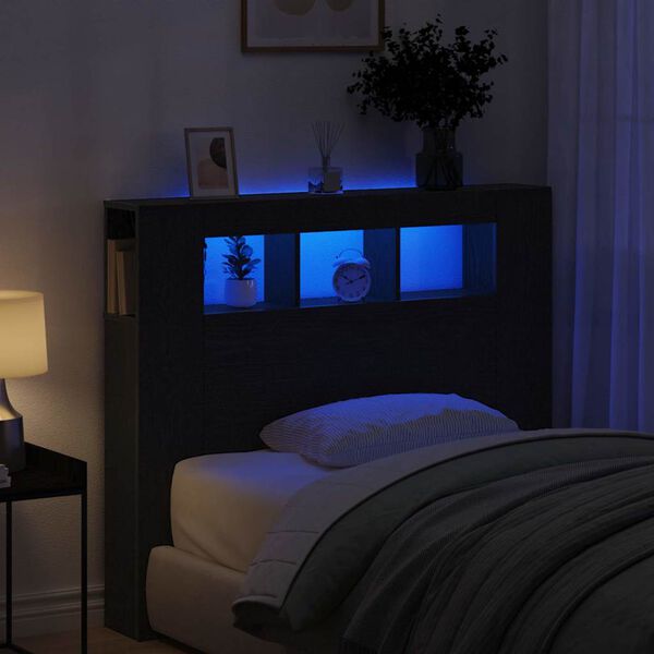 vidaXL T&ecirc;te de lit LED avec &eacute;tag&egrave;re Ch&ecirc;ne noir 120 x 18,5 x 103,5 cm