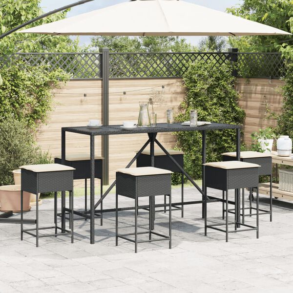 vidaXL Ensemble de bar de jardin 7 pcs avec coussins noir poly rotin