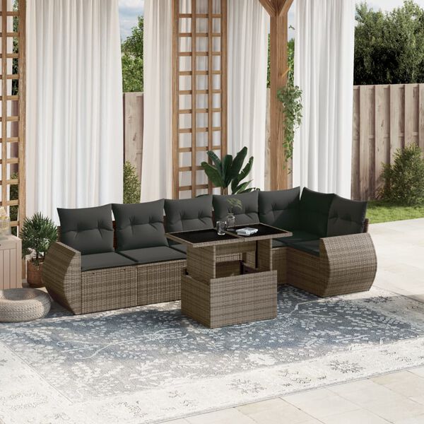 vidaXL Salon de jardin avec coussins 7 pcs gris r&eacute;sine tress&eacute;e