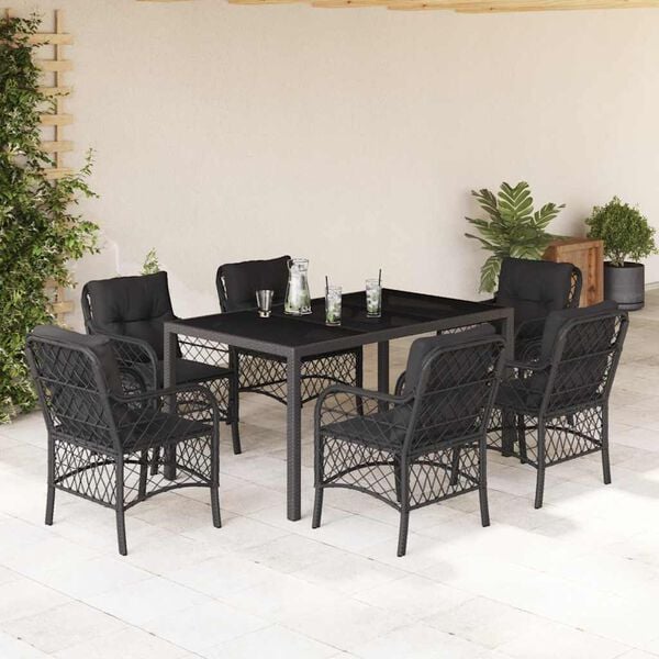 vidaXL Ensemble &agrave; manger de jardin coussins 7pcs Noir R&eacute;sine tress&eacute;e