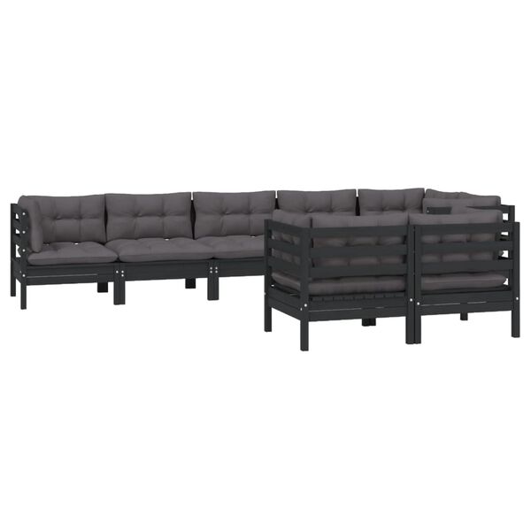 vidaXL Salon de jardin 8 pcs avec coussins Noir Bois de pin massif