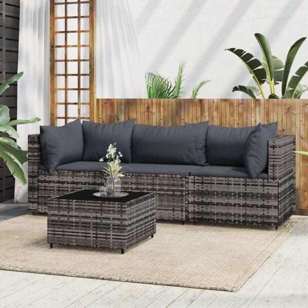 vidaXL Salon de jardin 4 pcs avec coussins Gris R&eacute;sine tress&eacute;e