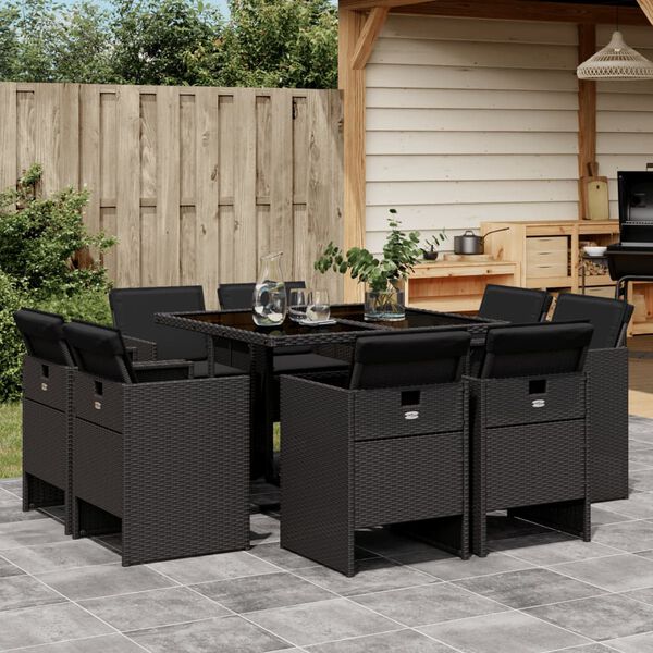 vidaXL Ensemble &agrave; manger de jardin 9pcs coussins noir r&eacute;sine tress&eacute;e