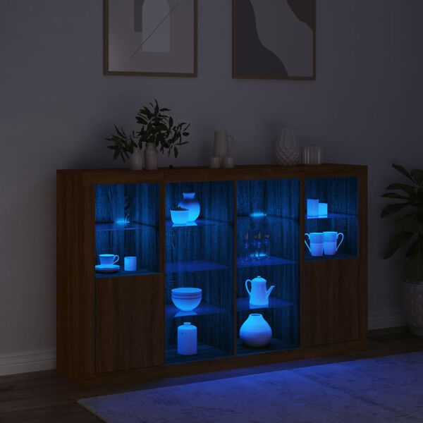vidaXL Buffets avec lumi&egrave;res LED 3 pcs ch&ecirc;ne brun bois d'ing&eacute;nierie