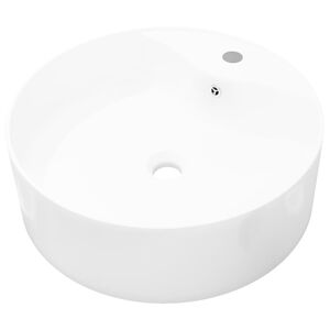 vidaXL Lavabo &agrave; trou de trop-plein/robinet c&eacute;ramique Blanc Rond