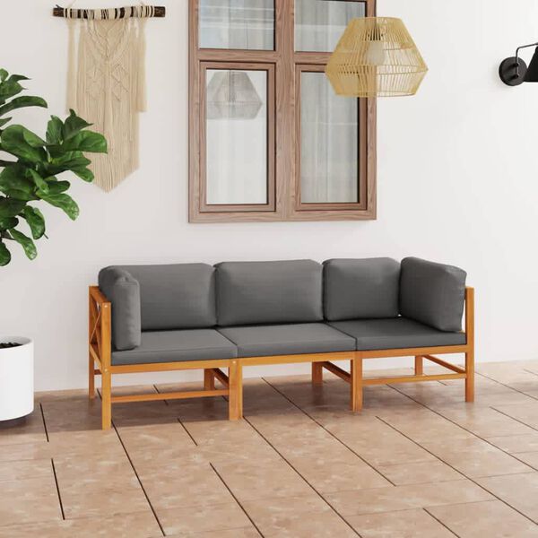 vidaXL Canap&eacute; de jardin 3 places et coussins gris Bois de teck massif