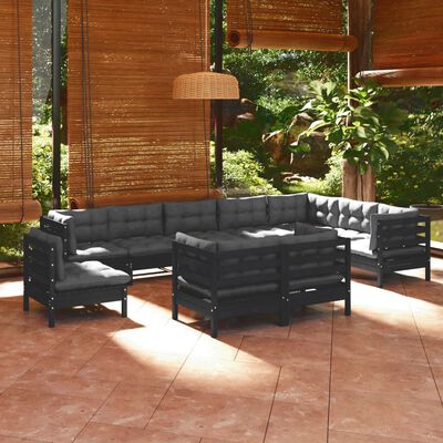 vidaXL Salon de jardin 10 pcs avec coussins Noir Bois de pin massif