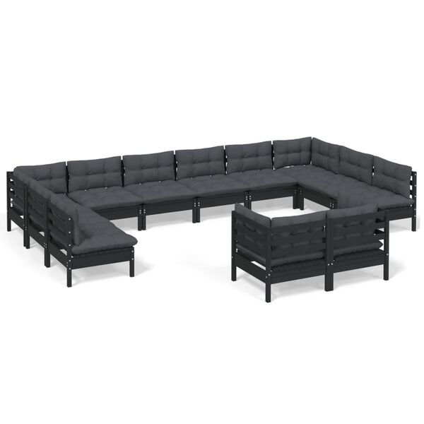 vidaXL Salon de jardin 12 pcs avec coussins Noir Bois de pin solide