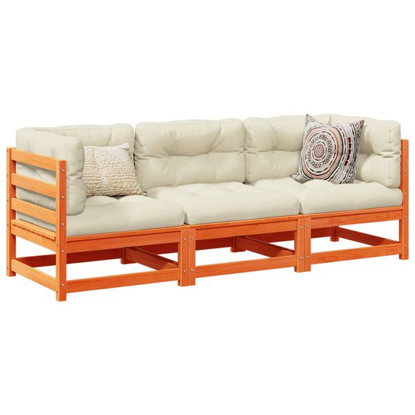 vidaXL Salon de jardin 3 pcs avec coussins cire marron bois pin massif
