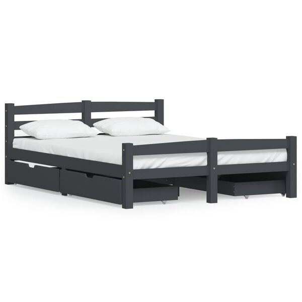 vidaXL Cadre de lit avec 4 tiroirs Gris fonc&eacute; Bois de pin 140x200 cm