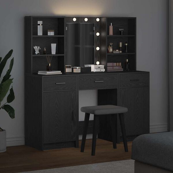 vidaXL Ensemble de table de maquillage avec LED 3 pcs Ch&ecirc;ne noir