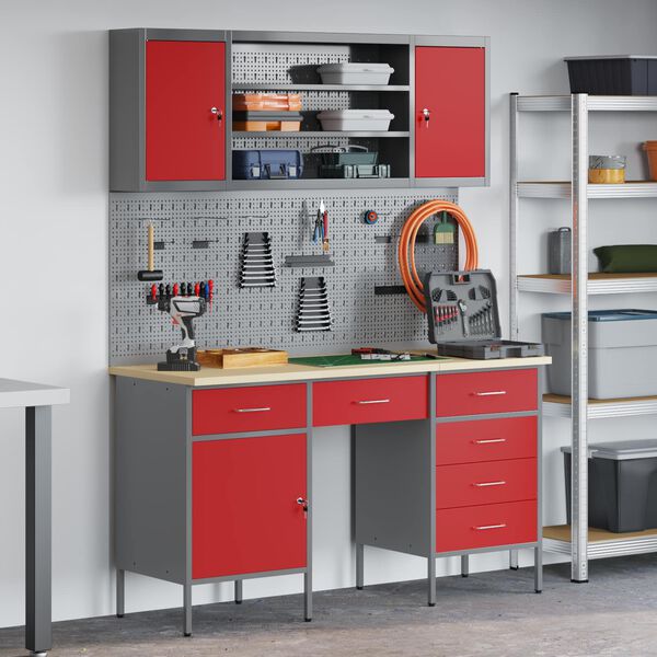 vidaXL Placard de travail 8 pcs Rouge Bois d'ing&eacute;nierie et acier