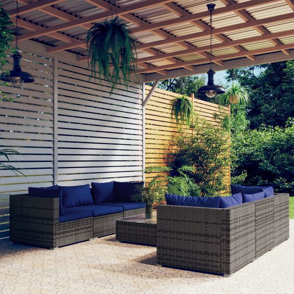 vidaXL Salon de jardin 7 pcs avec coussins r&eacute;sine tress&eacute;e gris