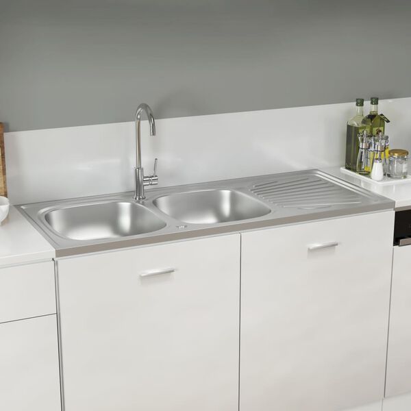 vidaXL &Eacute;vier de cuisine &agrave; double &eacute;vier argent&eacute; 1200x500x155 mm inox