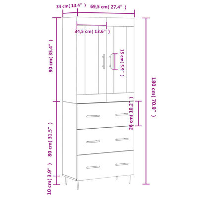 vidaXL Buffet haut Noir 69,5x34x180 cm Bois d'ingénierie