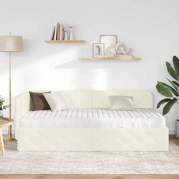 vidaXL Cadre de lit d'angle avec matelas Cr&egrave;me 100 x 200 cm Velours