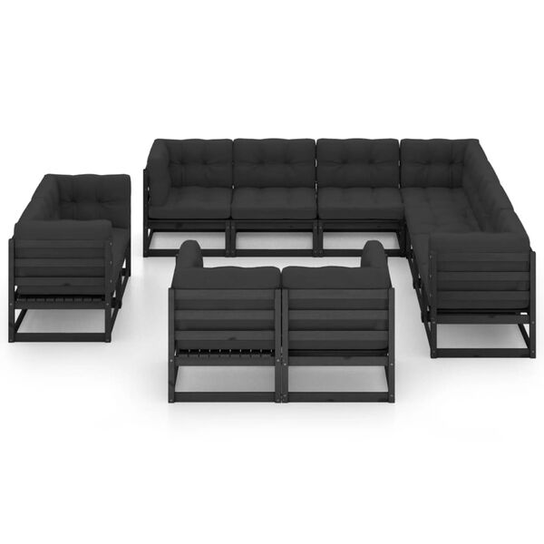 vidaXL Salon de jardin 11 pcs avec coussins Noir Bois de pin massif