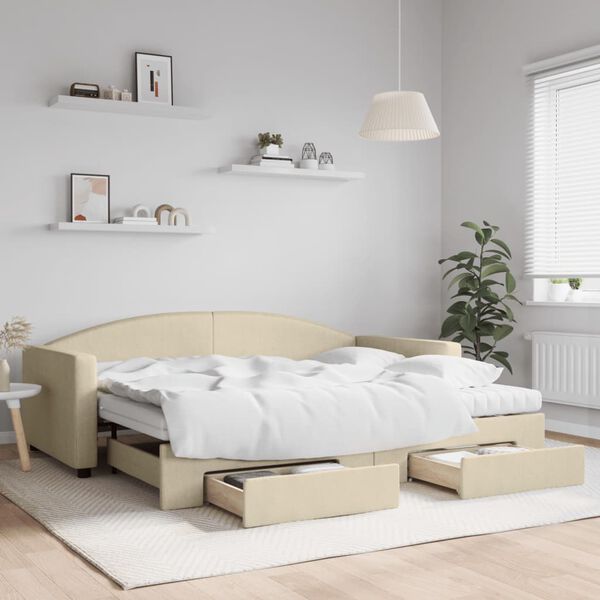 vidaXL Lit de jour avec gigogne et tiroirs cr&egrave;me 90x200 cm tissu