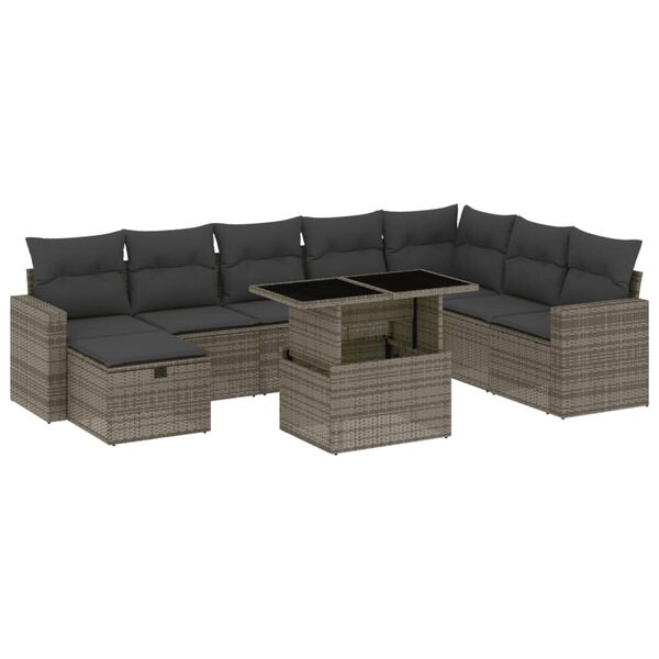 vidaXL Salon de jardin 9 pcs avec coussins gris résine tressée