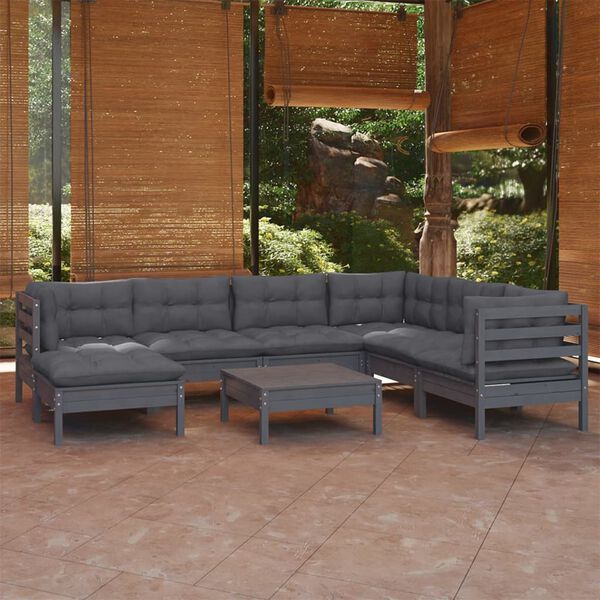vidaXL Salon de jardin 8 pcs avec coussins Gris Bois de pin massif