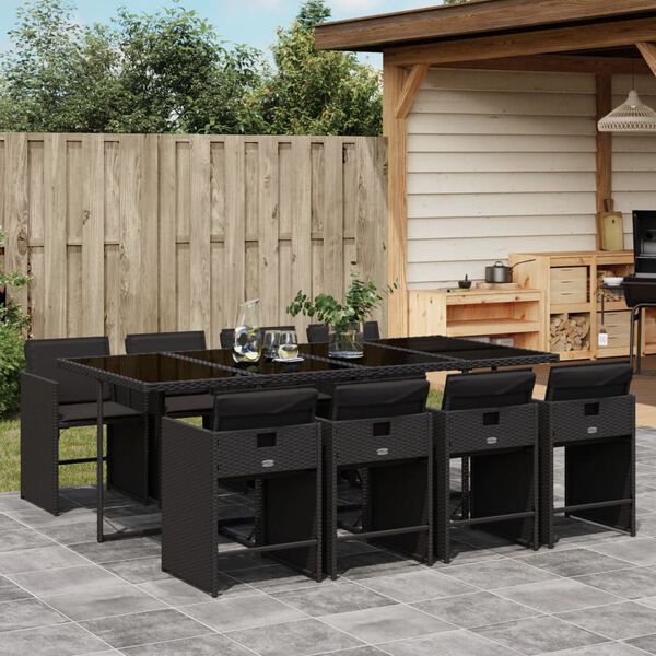 vidaXL Ensemble &agrave; manger de jardin 9pcs coussins noir r&eacute;sine tress&eacute;e