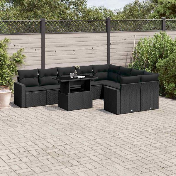 vidaXL Salon de jardin 10 pcs avec coussins noir r&eacute;sine tress&eacute;e