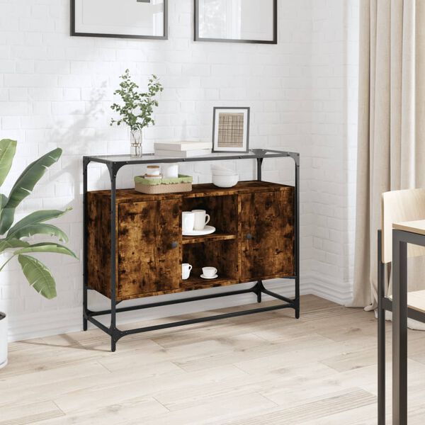 vidaXL Buffet avec dessus en verre ch&ecirc;ne fum&eacute; bois d'ing&eacute;nierie