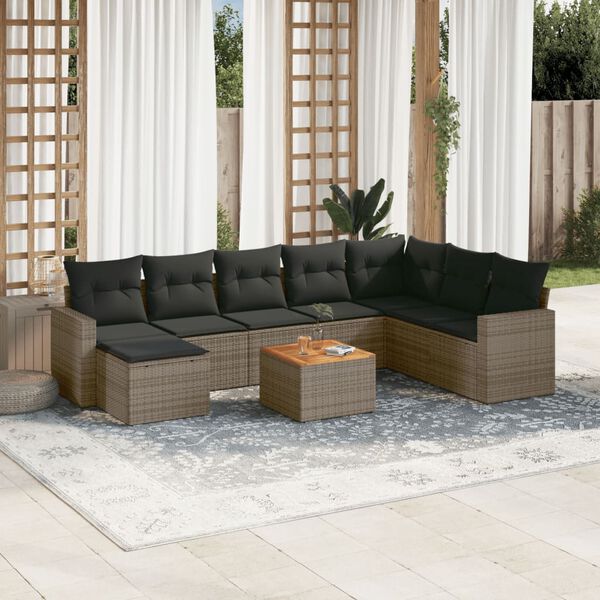 vidaXL Salon de jardin 9 pcs avec coussins gris r&eacute;sine tress&eacute;e