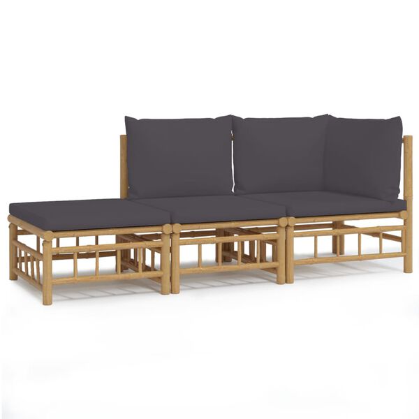 vidaXL Salon de jardin 3 pcs avec coussins gris fonc&eacute; bambou
