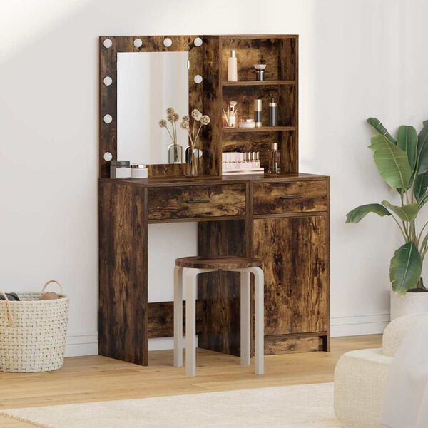 vidaXL Ensemble de table de maquillage avec LED 2 pcs Ch&ecirc;ne fum&eacute;