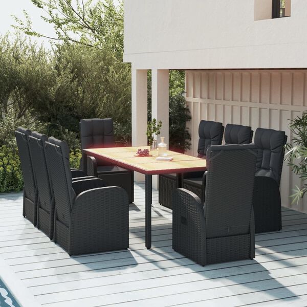 vidaXL Ensemble &agrave; manger de jardin 9pcs coussins noir r&eacute;sine tress&eacute;e