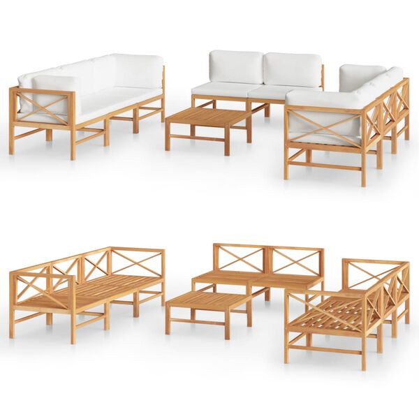 vidaXL Salon de jardin 9 pcs avec coussins cr&egrave;me Bois de teck solide