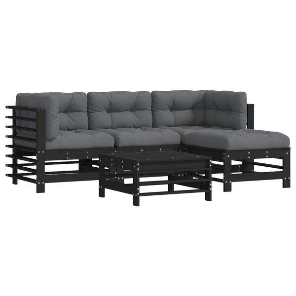 vidaXL Salon de jardin 5 pcs avec coussins noir bois massif