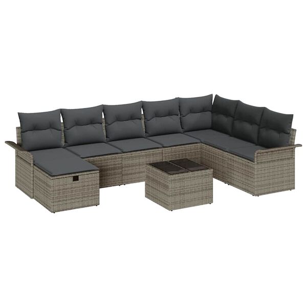 vidaXL Ensemble de canap&eacute; de jardin avec coussin 9 pcs Gris Poly rotin