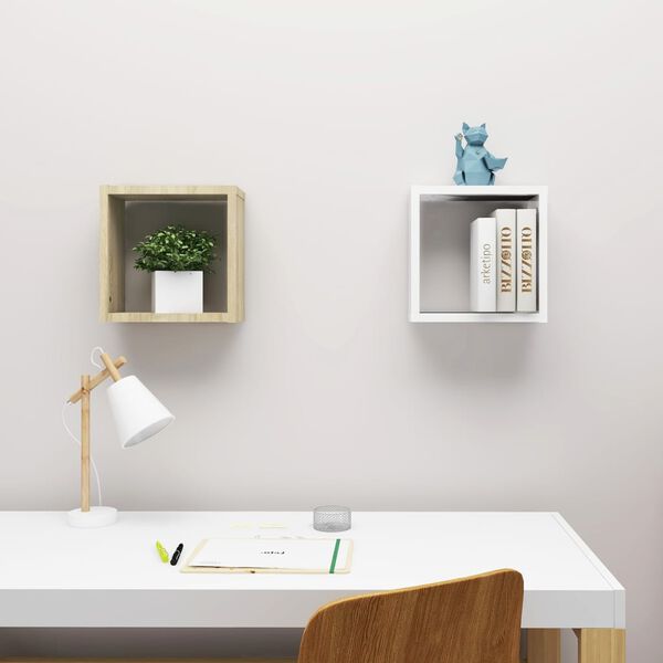 vidaXL &Eacute;tag&egrave;res cube murales 2 pcs Blanc et ch&ecirc;ne sonoma 30x15x30 cm