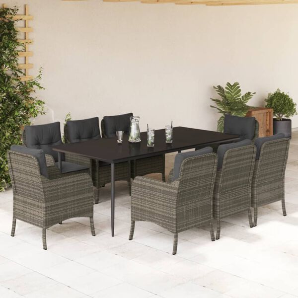 vidaXL Ensemble &agrave; manger de jardin 9 pcs coussins gris r&eacute;sine tress&eacute;e