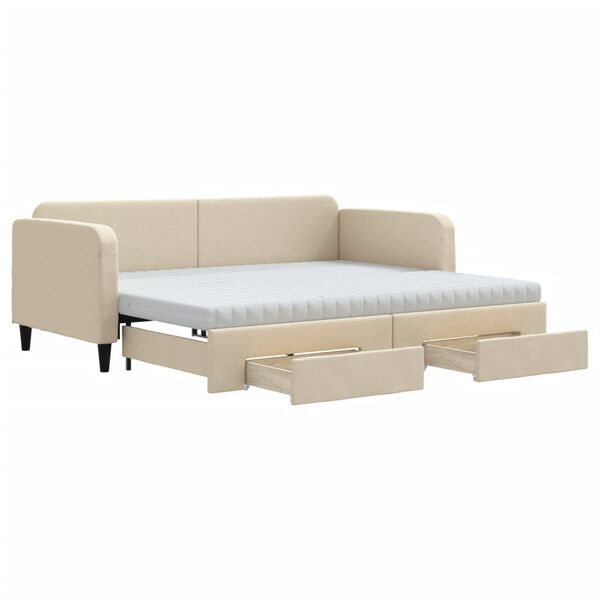 vidaXL Lit de jour avec gigogne et tiroirs cr&egrave;me 90x200 cm tissu