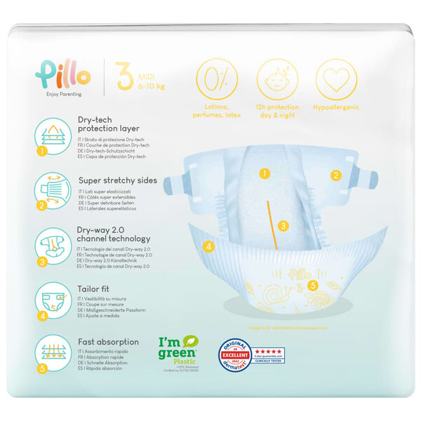 Pillo Couches pour b&eacute;b&eacute;s 168 pcs taille 3 (6-10 kg)