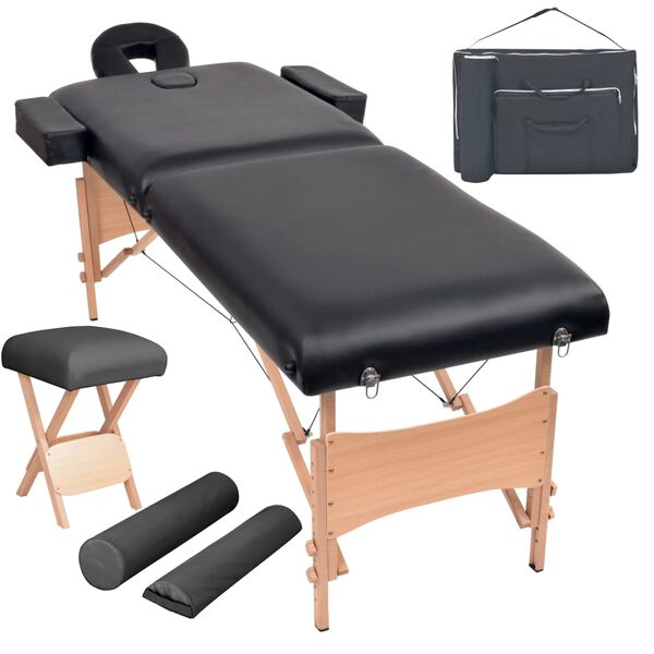 vidaXL Table de massage pliable et tabouret 10 cm d'épaisseur Noir