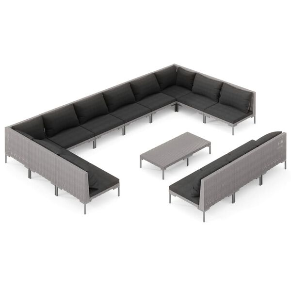 vidaXL Salon de jardin 14 pcs avec coussins Résine tressée Gris foncé