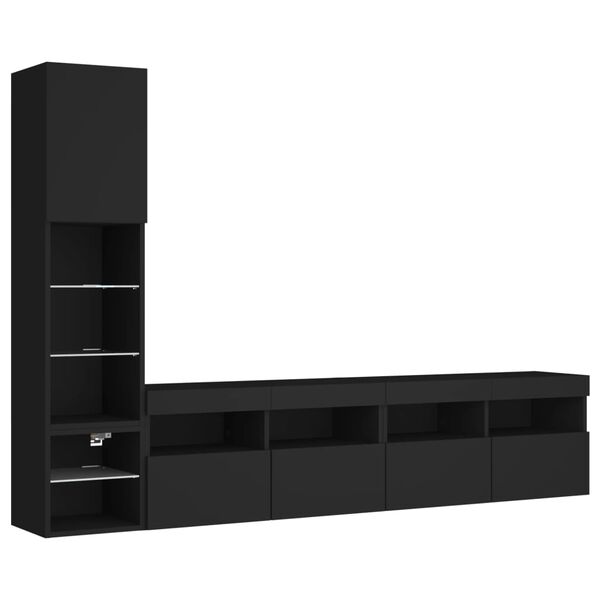 vidaXL Unit&eacute;s murales TV avec LED 4 pcs noir bois d'ing&eacute;nierie